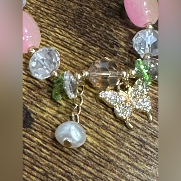 Pink and Green Beaded Bracelet with Butterfly Charm - Picture 2 of 4